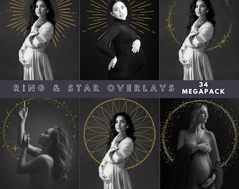 Celestial Star Halos: Photo Overlays for Maternity Studio Portraits, Golden Sunburst (PNG)