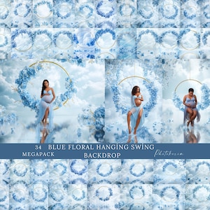 May include: A digital backdrop featuring 34 images of a blue floral hanging swing. The swing is decorated with blue flowers and is suspended from a gold hoop. The backdrop is set against a cloudy sky.