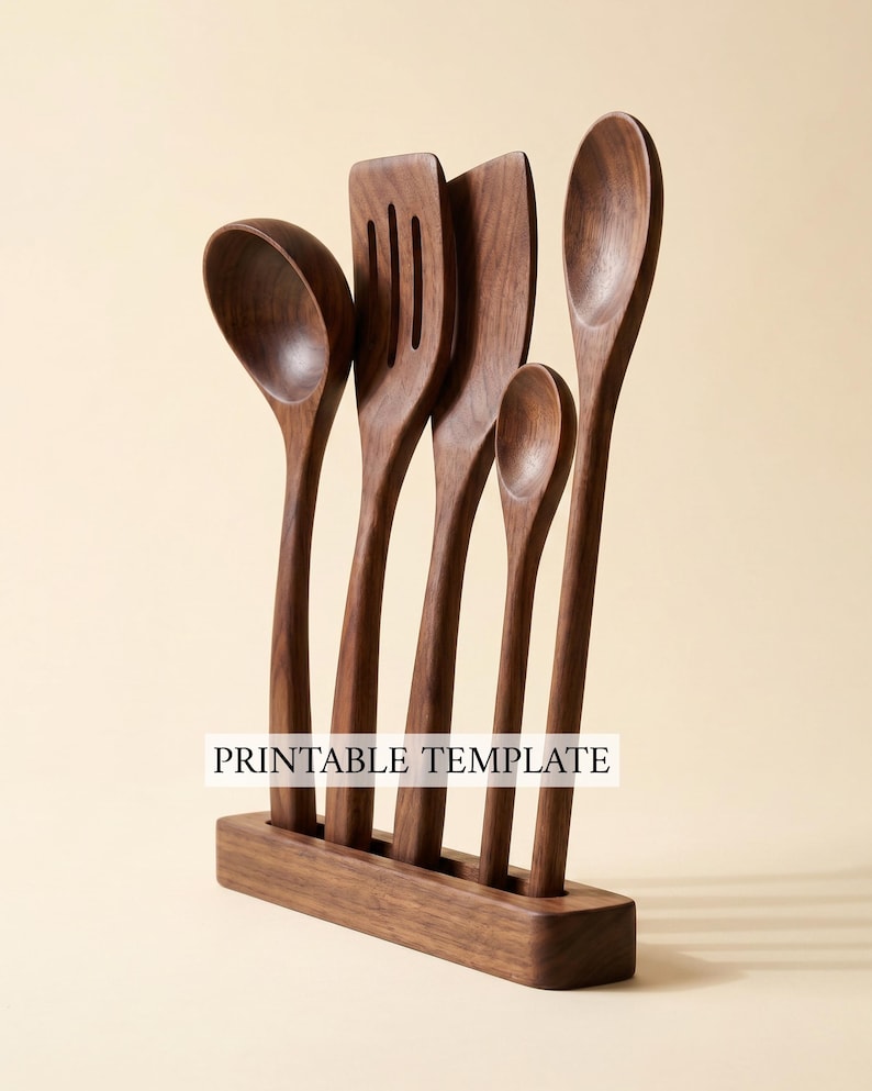 May include: A set of six wooden kitchen utensils, including a ladle, slotted spatula, solid spatula, spoon, and small spoon, displayed in a wooden holder. The utensils are a rich brown color. The text "PRINTABLE TEMPLATE" is displayed on the holder.