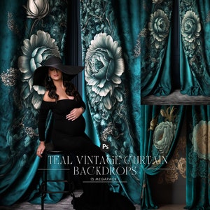 Teal Curtain Digital Backdrops: Maternity & Studio Overlays (JPG)