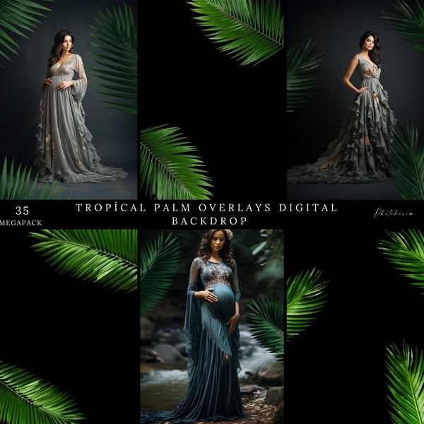 35 Tropical Leaves Digital Overlays for Photoshop Green Tropical Overlay, Palm Leaf Backdrop, Digital Plants Maternity Digital Backdrop PNG