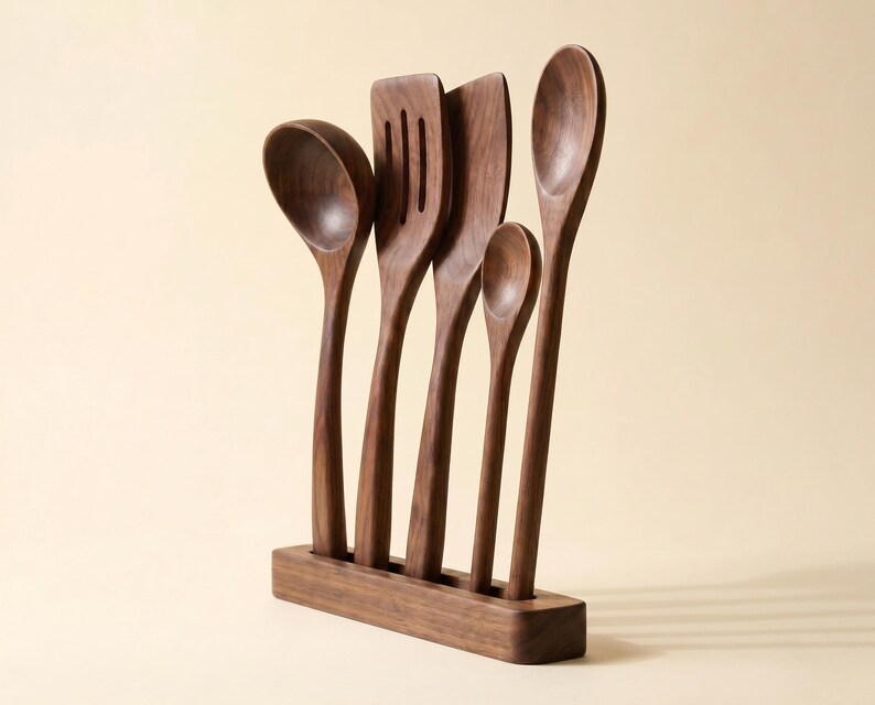 May include: A set of five wooden kitchen utensils, including a spoon, slotted spatula, spatula, and two other spoons, displayed in a wooden holder. The utensils are made of dark brown wood and have a smooth finish. The holder is rectangular and matches the color of the utensils.