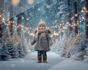 May include: A child in a grey coat, hat, and scarf stands in a snow-covered forest. The scene is lit by fairy lights strung between snow-laden trees, creating a magical winter scene. The child wears brown boots and blue jeans.