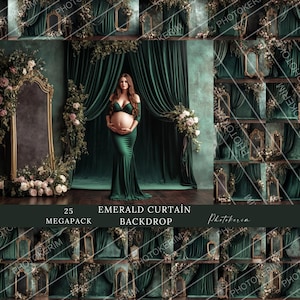 May include: A digital backdrop featuring a green velvet curtain with gold ornate mirrors and floral accents. The backdrop is designed for photography and includes 25 different variations.
