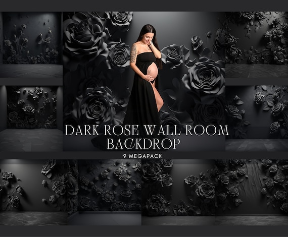 dark rose wall room digital backdrop set, maternity background, portraits, newborn photography, moody black roses, composite editing
