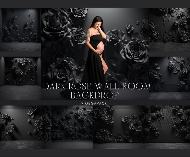 dark rose wall digital backdrop, black floral room background, 3d roses photo wall, moody studio set, maternity photography backdrop, pregnancy photoshoot prop, newborn portrait background, elegant fine art look, charcoal seamless wall texture, dramatic soft lighting, photoshop composite friendly, high resolution jpeg, instant digital download, portrait photographer resource, editorial glamour style, gothic romantic aesthetic, luxury maternity session, black flower backdrop