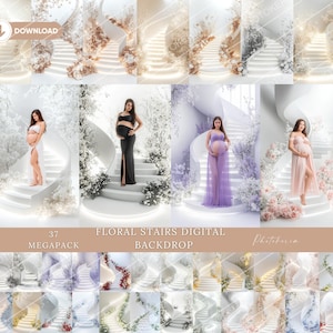 Floral Stairs Digital Backdrop Bundle for Maternity Photoshoot, Elegant Pregnancy Photography Backgrounds, Romantic Staircase Backdrops Set