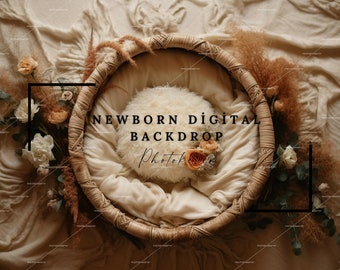 Newborn Digital Backdrop - Neutral, dried florals - digital backdrop - digital backdrop newborn - Boho newborn digital image