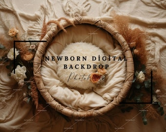 Op de afbeelding: Een geweven mand achtergrond voor newborn fotografie met een wit pluche accessoire en een bloemstuk. De tekst "NEWBORN DIGITAL BACKDROP Photo" is zichtbaar in de afbeelding.