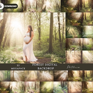 May include: A pregnant person in a white dress stands in a sunlit forest. The image is a digital backdrop with a forest theme, featuring various scenes of sunlight streaming through trees. The text reads "32 Megapack Forest Digital Backdrop".