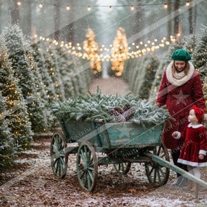 May include: A winter scene with a green wooden cart filled with pine branches and pine cones. A woman and child in red coats and hats are in a snowy forest. The cart has large wooden wheels and is being pulled along a path lined with Christmas trees.