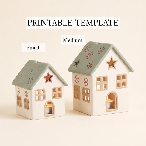 Christmas Tealight House Pottery Template | Slab Building Candle Holder Pattern | Digital Download 2 Sizes