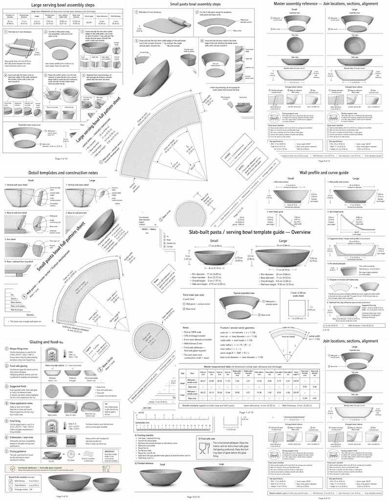 May include: A comprehensive instructional guide for slab-built pasta and serving bowls, featuring detailed diagrams, assembly steps, construction notes, pattern templates, and measurement tables in inches for both small and large bowl sizes.