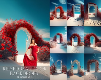 Fondos digitales con puertas florales rojas: Composiciones de maternidad y moda (Descarga digital)