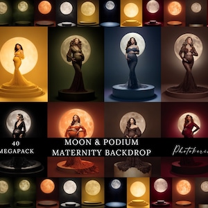 Könnte beinhalten: Eine Sammlung von Umstandsfotografie-Hintergründen mit Frauen in eleganten Kleidern vor dem Hintergrund eines Vollmonds. Die Hintergründe haben verschiedene Farben und Lichteffekte, mit dem Text "MOON & PODIUM MATERNITY BACKDROP" und "40 MEGAPACK".