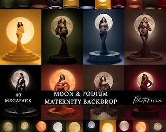 May include: A selection of maternity backdrops showing women in gowns, posed in front of a full moon. The backdrops have different colours and lighting, with the text "MOON & PODIUM MATERNITY BACKDROP" and "40 MEGAPACK".