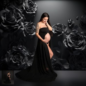 dark rose wall digital backdrop, black floral room background, 3d roses photo wall, moody studio set, maternity photography backdrop, pregnancy photoshoot prop, newborn portrait background, elegant fine art look, charcoal seamless wall texture, dramatic soft lighting, photoshop composite friendly, high resolution jpeg, instant digital download, portrait photographer resource, editorial glamour style, gothic romantic aesthetic, luxury maternity session, black flower backdrop