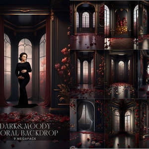 Dark Floral Room Digital Backdrops: Moody Fashion & Maternity Photography (9 Jpg)