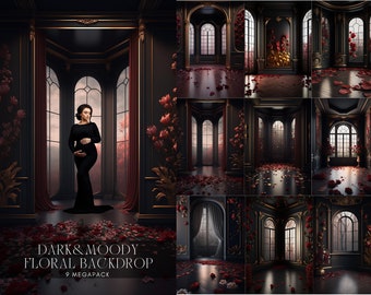 Dark Floral Room Digital Backdrops: Moody Fashion & Maternity Photography (9 Jpg)