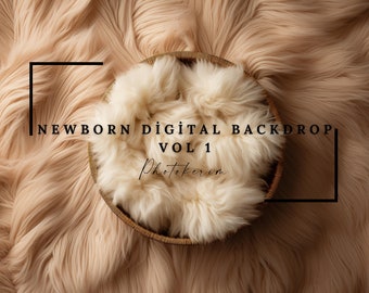 Op de afbeelding: Een witte nep bont achtergrond in een houten kom, met een perzikkleurige nep bont achtergrond. De tekst "NEWBORN DIGITAL BACKDROP VOL 1 Photokerim" is over de afbeelding gelegd.