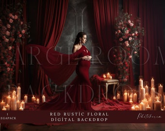 Red Rustic Floral Room Digital Backdrops, Maternity Backdrop Overlays, Studio Backdrop Overlays, Fine Art Textures, Photoshop Overlays