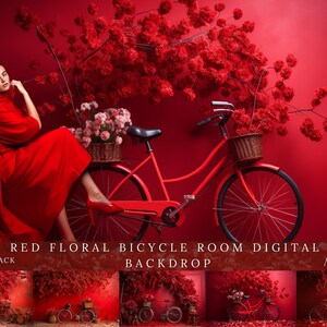 Red Floral Bicycle Digital Backdrop: Maternity & Studio Photography Overlays