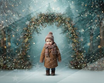 May include: A child in a brown coat, hat, and scarf poses in a winter scene. The background shows a decorated archway with lights and evergreen trees. The setting is a snowy forest with a soft, dreamy aesthetic, evoking a festive atmosphere.