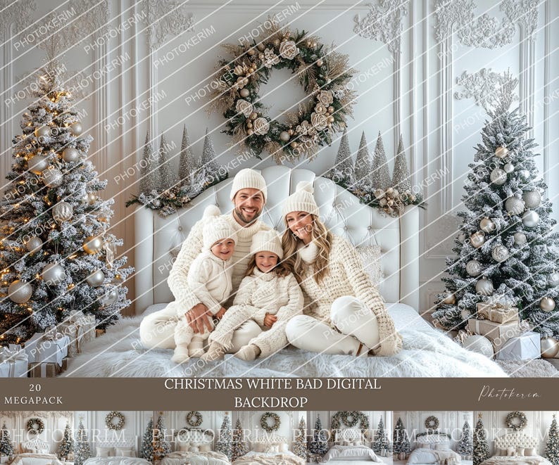 Christmas Backdrop for Family Portraits, White Bedroom Set, Wreath ...