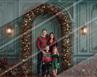 May include: A family of four poses in front of a teal wall decorated for Christmas. The parents wear red outfits, while the children wear festive sweaters and dresses. The scene is framed by a decorated archway with fairy lights.