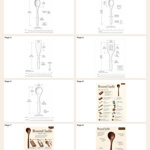 May include: A PDF preview of a wooden spoon set, showcasing various spoon designs with detailed measurements in inches. The pages include diagrams of different spoon types, including a round ladle, with dimensions and labels.