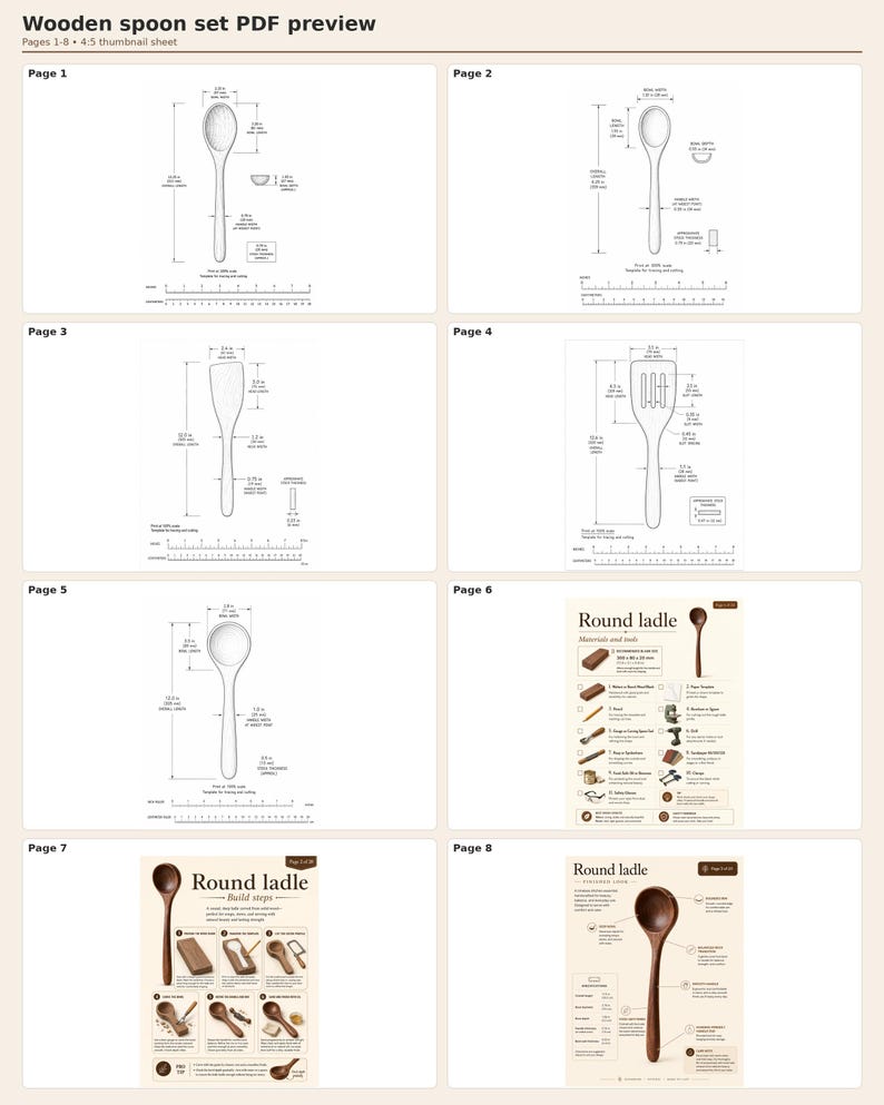 May include: A PDF preview of a wooden spoon set, showcasing various spoon designs with detailed measurements in inches. The pages include diagrams of different spoon types, including a round ladle, with dimensions and labels.