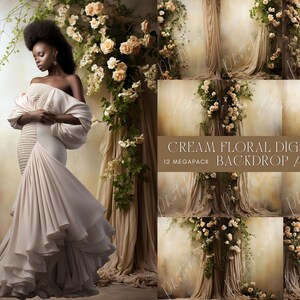 Op de afbeelding: Een digitale achtergrond met een crèmekleurige achtergrond met een bloemenkrans van witte en crèmekleurige rozen en groen. De achtergrond is ontworpen om te worden gebruikt voor fotografie en bevat 12 verschillende afbeeldingen in een megapack.
