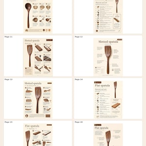 May include: A PDF preview of a wooden spoon set, showcasing various kitchen utensils. The pages display a round ladle, slotted spatulas, and flat spatulas, with detailed illustrations and text. The preview includes pages 9-16.