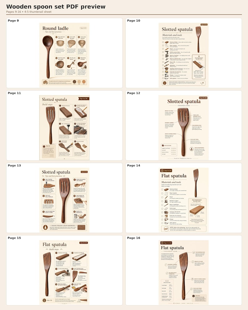 May include: A PDF preview of a wooden spoon set, showcasing various kitchen utensils. The pages display a round ladle, slotted spatulas, and flat spatulas, with detailed illustrations and text. The preview includes pages 9-16.