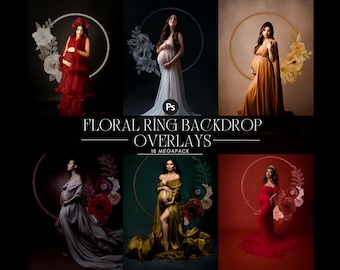 Puede incluir: Un conjunto de 18 superposiciones digitales para Photoshop con fondos de anillo floral. Las superposiciones están diseñadas para su uso con sesiones de fotos de maternidad y presentan una variedad de colores y arreglos florales.