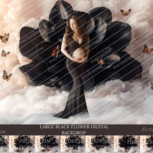 May include: A digital backdrop featuring a large black flower with a woman standing in front of it. The background is a soft, white, cloudy sky with butterflies scattered throughout. The woman is wearing a black dress and has long, dark hair.