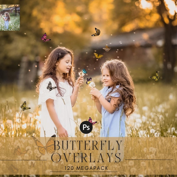 120 Butterfly photo overlays "Flutter by Butterflies", spring & summer photo overlays for Photoshop, portrait, kids, family photography