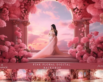 Pink Floral Digital Backdrop: Maternity Photography Overlays (12 PNG)