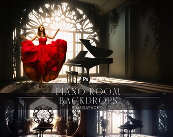 May include: A digital backdrop featuring a grand piano in a room with a large window and a woman in a red dress. The room is decorated with vines and flowers. The text "Piano Room Backdrops" is displayed on the image.