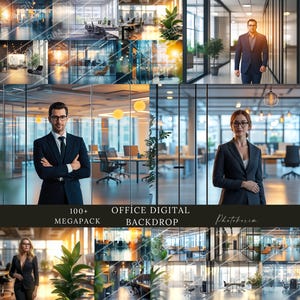 May include: A digital backdrop pack featuring 100+ office scenes. The images show various office spaces with glass walls, modern furniture, and natural light. The pack is perfect for creating professional-looking photos and videos.