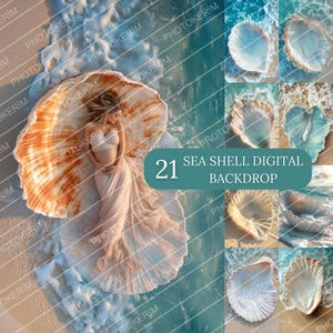 May include: A digital backdrop featuring 21 images of seashells in various shapes and sizes. The seashells are arranged in a collage format, with some shells overlapping others. The background is a blue and white ocean scene.