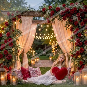 Può includere: Scena romantica all'aperto con un arco di legno adornato da rose rosse e verde, drappeggiato con tessuto trasparente. Una persona è seduta su un letto di cuscini, tenendo un cuscino a forma di cuore. Lanterne e luci creano un'atmosfera calda.