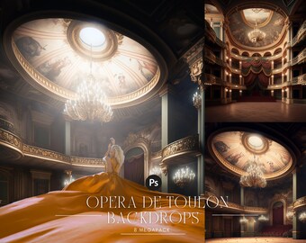 May include: A digital backdrop featuring an ornate opera house interior with a large chandelier, gold trim, and a painted ceiling. The backdrop is ideal for photographers and graphic designers.