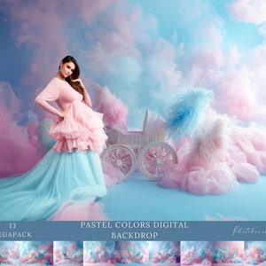 May include: A digital backdrop featuring a pastel pink and blue sky with fluffy clouds, a white baby carriage, and pink and blue feathers. The backdrop is designed for use in photography and includes 13 different images in a megapack.