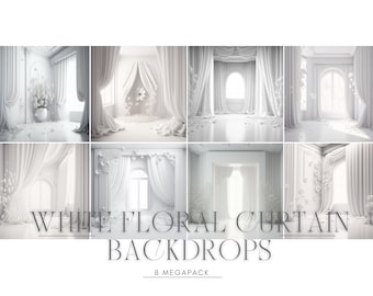 8 White floral sheer curtain wall decor Background, Digital Backdrop, Portrait photo texture, wedding lights bokeh, Photoshop Overlays, jpg