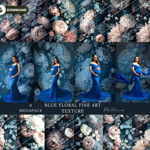 Blue Floral Photo Overlays: Fine Art Textures, Maternity Backdrop (9 JPG File)