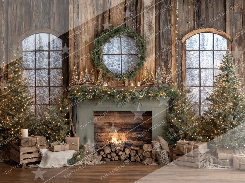 Rustic Cabin Fireplace Xmas Backdrop, Christmas Backdrop, Rustic ...