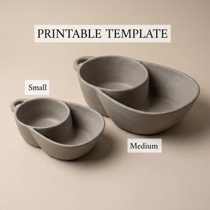 Könnte beinhalten: Zwei graue, mattierte Schalen mit zwei Fächern und einem kleinen Griff an einer Seite. Der Text PRINTABLE TEMPLATE steht oben, wobei die Beschriftungen Small und Medium die zwei verschiedenen Größen der abgebildeten Schalen angeben.