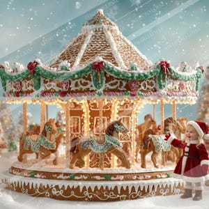 May include: A whimsical gingerbread carousel with illuminated lights, adorned with decorative icing and candy accents. The carousel features gingerbread horses with colorful saddles. A child in a Santa suit stands nearby. Christmas theme.