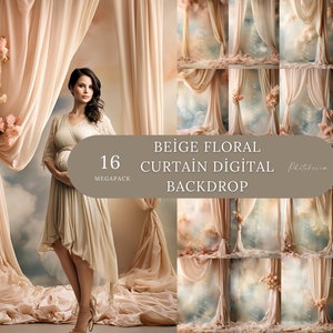 Floral Curtain Digital Backdrop: Beige Photography Overlays (Digital Download)